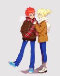  2boys androgynous blonde_hair blue_eyes blush coat danball_senki danball_senki_wars hoshihara_hikaru male multiple_boys ponytail scarf sena_arata short_hair 