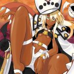  1girl barefoot belt beltbra breasts cape creature dark_skin expressionless futomashio guilty_gear guilty_gear_xrd hat highres long_hair open_fly ramlethal_valentine reclining short_shorts shorts silver_hair solo spread_legs thigh_strap underboob unzipped yellow_eyes 