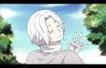  1boy albino back bandages chiyozaka closed_eyes fake_screenshot kagerou_project letterboxed sky smile solo tsukihiko_(kagerou_project) waving white_hair 