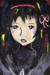  1girl acrylic_paint_(medium) akemi_homura black_hair brush_(medium) crying hair_ribbon long_hair magical_girl mahou_shoujo_madoka_magica red_ribbon ribbon solo traditional_media 