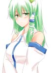  1girl bare_shoulders blush breasts bust detached_sleeves frog_hair_ornament green_eyes green_hair hair_ornament kochiya_sanae large_breasts looking_at_viewer pirorun simple_background smile snake_hair_ornament solo touhou white_background 