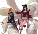  2girls ahri animal_ears armored_boots artist_name black_hair blonde_hair blue_eyes breastplate breasts camlet cleavage detached_sleeves fox_ears fox_tail hairband league_of_legends long_hair luxanna_crownguard multiple_girls multiple_tails skirt staff tail yellow_eyes 