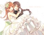  2girls black_hair braid brown_eyes brown_hair closed_eyes dress gloves kantai_collection kitakami_(kantai_collection) long_hair multiple_girls ooi_(kantai_collection) personification toosaka_asagi wedding_dress 