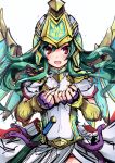 1girl armor athena_(p&amp;d) dress fingerless_gloves gloves green_hair hands_together helmet highres open_mouth puzzle_&amp;_dragons red_eyes samoore solo wings 