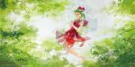  1girl absurdres alternate_hairstyle bare_arms barefoot bow dress forest green_eyes green_hair hair_bow highres jq kagiyama_hina nature rain red_dress sleeveless sleeveless_dress smile solo touhou tree twintails umbrella 
