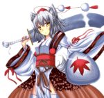  1girl animal_ears bare_shoulders breasts detached_sleeves hat inubashiri_momiji japanese_clothes kourindou_tengu_costume looking_at_viewer pom_pom_(clothes) shield short_hair silver_hair simple_background solo sword sword_bag tail tokin_hat touhou weapon white_background white_legwear wolf_ears wolf_tail yellow_eyes 