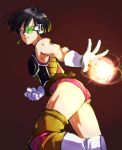  1girl ankle_boots armor ass bare_shoulders black_hair boots clenched_hand dragon_ball dragon_ball_z earrings energy_ball gloves highres jewelry knee_pads leotard sabamiso_(tomatomikan) scouter seripa short_hair simple_background single_thighhigh solo thigh-highs white_gloves 