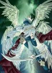  angel angel_wings aurore bent_over boots closed_eyes crown flying knee_boots long_hair sword weapon white_hair wings 