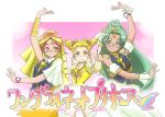  3girls blonde_hair crossover cure_lemonade drill_hair earrings eyelashes glasses green_eyes green_hair green_haired_cure_(wonderful_net_precure)_(happinesscharge_precure!) h26r hair_ornament hair_ribbon happinesscharge_precure! happy jewelry kasugano_urara long_hair looking_at_another looking_at_viewer magical_girl multiple_girls orange_eyes orange_hair orange_haired_cure_(wonderful_net_precure)_(happinesscharge_precure!) pointing precure puffy_sleeves ribbon smile tagme translation_request twintails yellow_eyes yes!_precure_5 yes!_precure_5_gogo! 