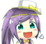  1girl :3 blue_eyes blush bow bowtie fang gyate_gyate hat hat_bow kanchigai laughing long_hair open_mouth ponytail purple_hair puzzle_&amp;_dragons ruka_(p&amp;d) smile solo top_hat white_hat yellow_bow 