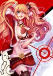  1girl ;q blue_eyes bow bra breasts christmas cleavage cxonline dangan_ronpa enoshima_junko hat highres long_hair midriff monokuma navel one_eye_closed pink_hair revealing_clothes santa_costume santa_hat solo spoilers thighhighs tongue twintails underwear wink zettai_ryouiki 