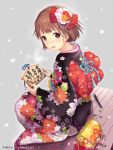  1girl bag brown_eyes brown_hair hair_ornament handbag holding ilog japanese_clothes kimono looking_at_viewer occhan_(artist) official_art open_mouth pen short_hair sitting snowing solo steam tagme translation_request 