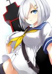  1girl asya blue_eyes blush breasts gloves hair_ornament hair_over_one_eye hairclip hamakaze_(kantai_collection) highres kantai_collection large_breasts school_uniform serafuku short_hair silver_hair simple_background solo white_background white_gloves 