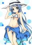  1girl alternate_costume blue_eyes blue_hair flat_chest footprints_(artist) hat highres kantai_collection long_hair personification samidare_(kantai_collection) sarong smile solo sun_hat swimsuit 