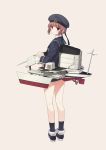  1girl bangs blunt_bangs brown_eyes brown_hair from_behind hakui_ami hat highres kantai_collection looking_at_viewer machinery personification sailor_collar sailor_dress sailor_hat short_hair simple_background solo z3_max_schultz_(kantai_collection) 