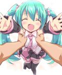  1girl animated animated_gif aqua_hair closed_eyes detached_sleeves eeeeee fang gift hair_bobbles hair_ornament happy_birthday hatsune_miku holding_hands long_hair necktie open_mouth skirt smile thigh-highs twintails very_long_hair vocaloid zettai_ryouiki 