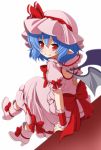  1girl bat_wings blue_hair bow eichi_yuu fang hair_ribbon hat looking_at_viewer mob_cap pointy_ears red_eyes remilia_scarlet ribbon short_hair simple_background sitting smile solo tagme touhou white_background wings wrist_cuffs 