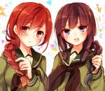  2girls black_hair braid brown_eyes brown_hair kantai_collection kitakami_(kantai_collection) long_hair multiple_girls ooi_(kantai_collection) personification school_uniform serafuku toosaka_asagi violet_eyes 