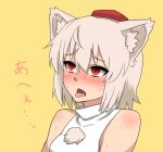  1girl animal_ears blush dai_(touhou_handdrawn) hat inubashiri_momiji open_mouth red_eyes short_hair silver_hair simple_background solo sweat tokin_hat tongue tongue_out touhou wolf_ears yellow_background 