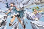  2girls asymmetrical_hair blue_dress blue_eyes blue_hair blue_sky bow cirno closed_eyes daiyousei dress fairy_wings fang flying green_hair hair_bow hair_ribbon hands_on_own_cheeks hands_on_own_face ice ice_wings lake looking_at_viewer multiple_girls open_mouth puffy_short_sleeves puffy_sleeves ribbon shirt short_sleeves side_ponytail sky smile touhou wings ysk! 