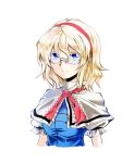  1girl alice_margatroid bespectacled blonde_hair blue_eyes capelet glasses hairband kakao_(noise-111) looking_at_viewer short_hair simple_background smile solo touhou white_background 