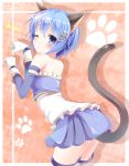  1girl animal_ears back bare_shoulders bent_over blue_dress blue_eyes blue_hair blush cat_ears cat_tail commentary_request detached_sleeves dress gloves hair_ornament hairclip kemonomimi_mode layered_dress looking_at_viewer magical_girl mahou_shoujo_madoka_magica miki_sayaka one_eye_closed paw_pose paw_print pen-zin solo tail thigh-highs white_dress white_gloves white_legwear wink zettai_ryouiki 