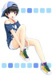  1girl backwards_hat baseball_cap black_hair blush candy collarbone full_body hat highres lollipop mouth_hold natsu_(natume0504) original shirt shoes short_hair shorts silhouette sneakers solo violet_eyes white_background 