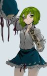  1girl green_eyes green_hair hat hat_removed hat_ribbon headwear_removed open_collar ribbon rod sash shikieiki_yamaxanadu short_hair solo sweat thupoppo touhou 