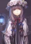  1girl book capelet carrying coat crescent dress hair_ribbon kikugetsu lamp long_hair looking_at_viewer mob_cap open_clothes open_coat patchouli_knowledge purple_dress purple_hair ribbon solo striped striped_dress touhou tress_ribbon very_long_hair violet_eyes 