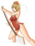  1girl :d alternate_costume ass barefoot black_hair blonde_hair china_dress chinese_clothes cookin covered_navel feet highres multicolored_hair open_mouth polearm short_hair shoulder_blades simple_background smile solo spear tight_dress toramaru_shou touhou weapon white_background yellow_eyes 