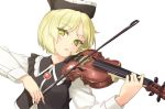  1girl blonde_hair bow_(instrument) bust dress_shirt hat instrument long_sleeves looking_at_viewer lunasa_prismriver parted_lips playing_instrument rokuwata_tomoe shirt short_hair simple_background solo touhou vest violin white_background white_shirt yellow_eyes 
