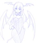  1girl alternate_costume bat_wings bowtie breasts bunnysuit cleavage demon_tail detached_collar gomi_(gomitin) hand_on_hip head_tilt head_wings koakuma light_smile long_hair looking_at_viewer monochrome pantyhose pointy_ears simple_background solo tail touhou white_background wings wrist_cuffs 