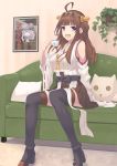  1girl ahoge aono_hoshi black_legwear boots breasts brown_hair couch cup detached_sleeves double_bun hairband japanese_clothes kantai_collection kongou_(kantai_collection) large_breasts long_hair poster_(object) sitting skirt solo teacup thigh-highs thigh_boots violet_eyes wide_sleeves 