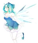  1girl adapted_costume blue_eyes blue_hair bow breasts cirno cleavage dress elbow_gloves frilled_dress frilled_skirt frills gloves hair_bow ice ice_wings loafers long_hair older pantyhose rya_(aptkz_11) shoes skirt solo strapless_dress touhou white_background white_legwear wings 