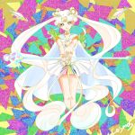  1girl ayapol bishoujo_senshi_sailor_moon cape character_name colorful double_bun holding jewelry long_hair multicolored_background multicolored_hair outstretched_arms ring sailor_cosmos solo staff twintails very_long_hair white_hair 