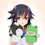  1girl :d black_hair blush bowtie cato_(monocatienus) frog horns kijin_seija multicolored_hair open_mouth puppet red_eyes redhead sheep short_hair silver_hair smile solo streaked_hair touhou 