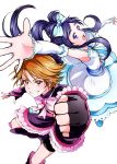  2girls arm_warmers blue_eyes blue_hair boots bow brown_eyes brown_hair cure_black cure_white dress earrings futari_wa_precure gloves grin hair_bow half_updo heart highres jewelry knee_boots leg_warmers long_hair magical_girl mikan_(mikataaaa) misumi_nagisa multiple_girls precure ribbon short_hair smile yukishiro_honoka 