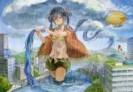  1girl blimp blue_hair clouds dirigible giantess hatsune_miku long_hair rain river solo tamu_(tamurarucaffe1226) twintails very_long_hair vocaloid wet wringing_hair 