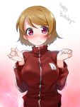  1girl bangs blush breasts brown_hair bust happy_birthday kasu_kazu koizumi_hanayo large_breasts love_live!_school_idol_project short_hair solo sweatdrop swept_bangs track_jacket track_suit violet_eyes 