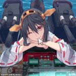  ;) artist_name black_hair cannon chin_rest detached_sleeves hair_between_eyes hair_ornament hairclip haruna_(kantai_collection) headgear highres kantai_collection long_hair looking_at_viewer mecha_musume mouth_hold one_eye_closed orange_eyes personification ribbon-trimmed_sleeves ribbon_trim turret water wink yunamul 