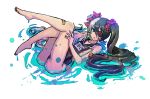  :&lt; bandaid black_hair blade_&amp;_soul blue_eyes korean legs legs_up long_hair ooseru pohwaran simple_background swimsuit translation_request twintails very_long_hair white_hair 