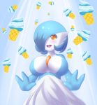  1girl alternate_color bangs blue_hair blush breasts cleavage food gardevoir hair_over_one_eye ice_cream ice_cream_cone jcdr large_breasts no_humans open_mouth orange_eyes pokemon shiny_pokemon short_hair smile solo sunlight tears 