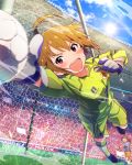  1girl 2014_fifa_world_cup ahoge artist_request ball gloves goalkeeper ibuki_tsubasa idolmaster idolmaster_million_live! japan messy_hair official_art pink_eyes short_hair smile soccer soccer_ball soccer_uniform sportswear world_cup 