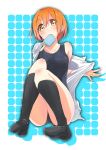  1girl dress_shirt highres hoshizora_rin love_live!_school_idol_project minase_yuki mouth_hold orange_hair popsicle school_swimsuit shirt short_hair socks swimsuit yellow_eyes 