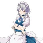  1girl apron blue_dress braid dress frills goemon1110 highres izayoi_sakuya knife looking_at_viewer maid maid_apron maid_headdress one_eye_closed puffy_short_sleeves puffy_sleeves red_eyes short_hair short_sleeves silver_hair smile solo touhou twin_braids white_clothes 