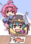  /\/\/\ 2girls :3 ahoge blue_hair chibi covering_mouth cutting_board fish flying_sweatdrops hair_ornament hairband hammer hat hat_ribbon holding komeiji_koishi komeiji_satori kukku multiple_girls open_mouth outstretched_arms pink_hair ribbon saw short_hair simple_background smile sparkle spread_arms sweat third_eye touhou two-tone_background 