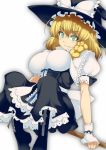  1girl black_boots blonde_hair boots bow braid breasts broom broom_riding dress green_eyes hair_bow hat hat_bow kirisame_marisa kokuuu large_breasts long_hair puffy_short_sleeves puffy_sleeves reclining short_sleeves single_braid solo touhou wrist_cuffs 