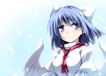  1girl angel_wings blue_eyes blue_hair blue_sky bow bust feathers hair_bow hemogurobin_a1c looking_at_viewer mai_(touhou) neckerchief puffy_sleeves sky smile solo touhou touhou_(pc-98) wings 