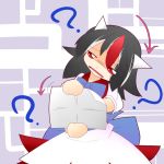  1girl ? black_hair bow chibi confused directional_arrow dress hiyori_(higanahannnti) horns kijin_seija map multicolored_hair open_mouth red_eyes redhead short_hair short_sleeves solo streaked_hair touhou white_hair 