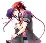  1boy 1girl braid couple hetero hug incipient_kiss kamigami_no_asobi kusanagi_yui loki_laevatein long_hair ponytail purple_hair satsuki_yuu_(awairo) 